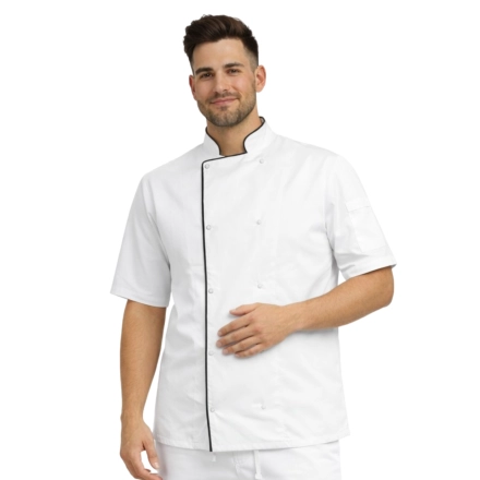 Bluza kucharska biała na zatrzaski krótki rękaw lamówka czarna roz.M – bluza kucharska – odzież gastronomiczna